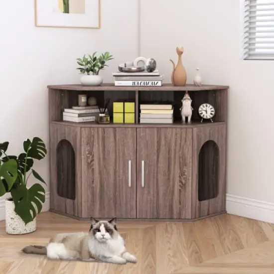 Tangkula 3-Tier Modern Corner Cat Litter Box Enclosure w/ Storage Shelves Double Doors image {2}