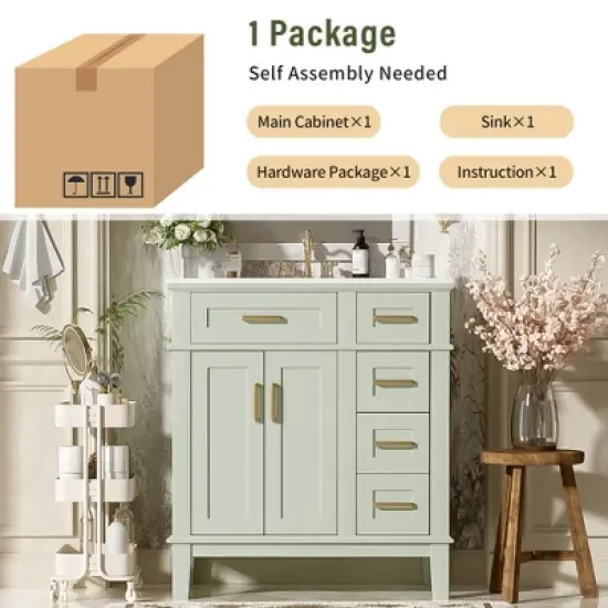 30" Modern Bathroom Vanity with Ceramic Sink, Soft-Close Doors, Deep & Standard Drawers, Free-Standing Storage Cabinet - ModernLuxe image {8}