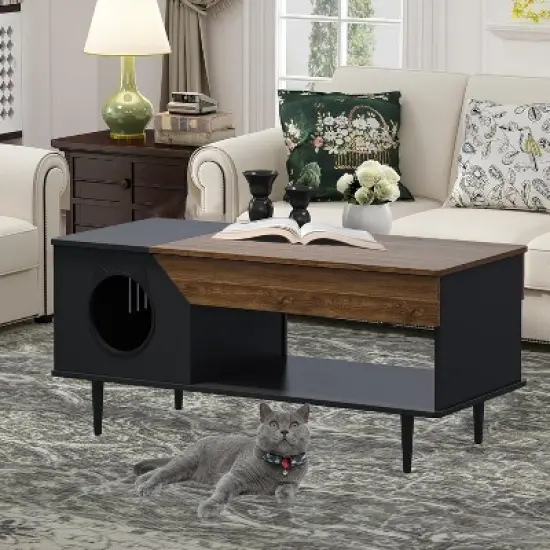 45" Coffee Table with Cat House - Hidden Litter Box Furniture with Storage Drawer Rustic image {3}