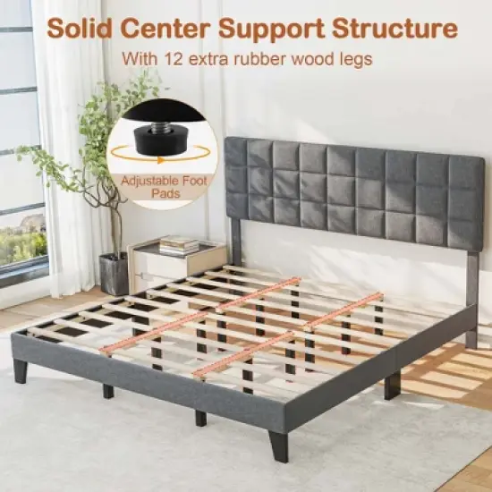 Costway Full/Queen/King Size Bed Frame Modern Linen Fabric Upholstered Platform Bed with Headboard image {7}