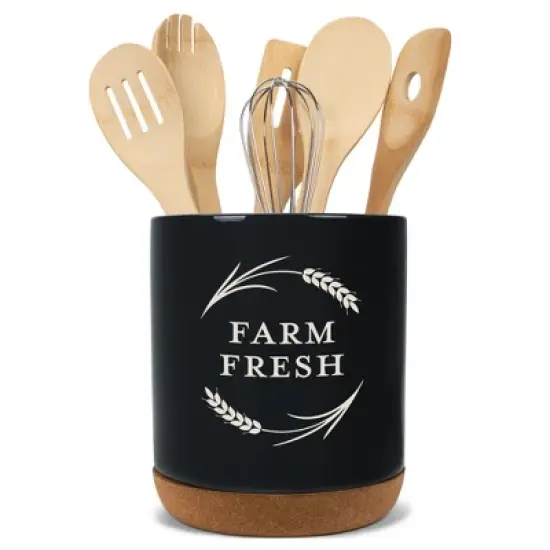 Elanze Designs Farm Fresh Country Kitchen Wheat Laurel Ceramic Cork Bottom Black Large Capacity Utensil Holder Crock for Countertop Storage, Stylish & image {4}