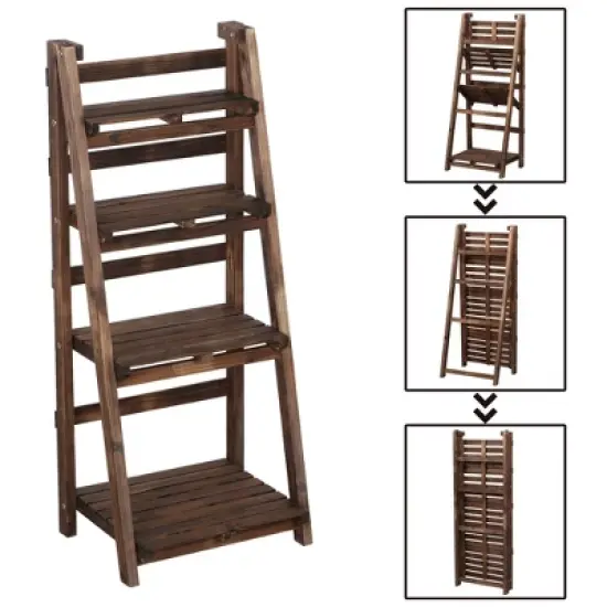 Yaheetech 4 Tier Foldable Wooden Flower Plant Display Stand Shelf Ladder for Indoor/Outdoor image {4}