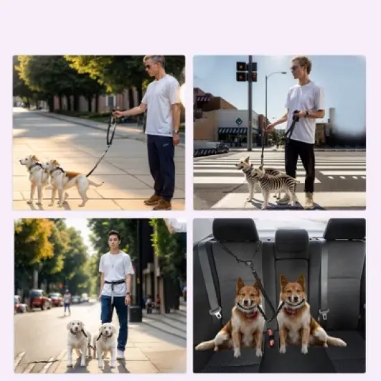 Unique Bargains Hands Free Dog Leash for Two Large Dog Up to 330 Ib 6.6-7.6FT Long Black Gray 1 Pc image {1}