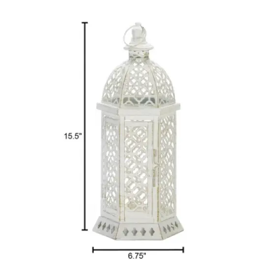 15.5" Iron Cutwork Hexagon Outdoor Lantern Off-White - Zingz & Thingz: Elegant Tabletop Candle Spike Holder image {2}