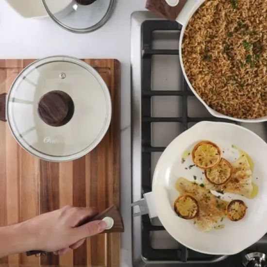 Oster SmartHandle Advance 18-Piece Ceramic Nonstick Cookware Set &ndash; Detachable Handles, with Utensils & Pan Protectors - Linen image {2}