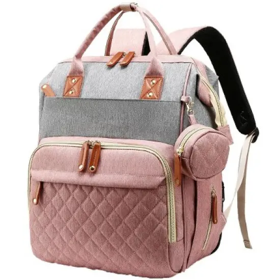 Itopfox Waterproof 3-in-1 Baby Diaper Backpack with Foldable Changing Pad, Large Capacity, USB Port, Pink-Grey image {8}