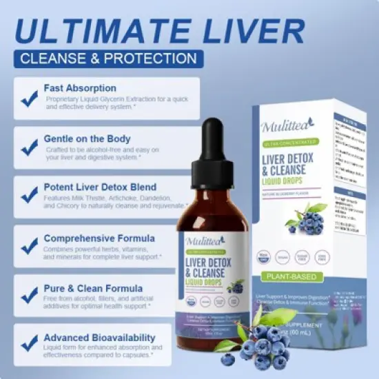 Mulittea 16 in 1 Liver Detox Cleanse,Repair & Support Liquid Drops, 60ml (2 Fl.oz) - Blueberry Flavor image {3}