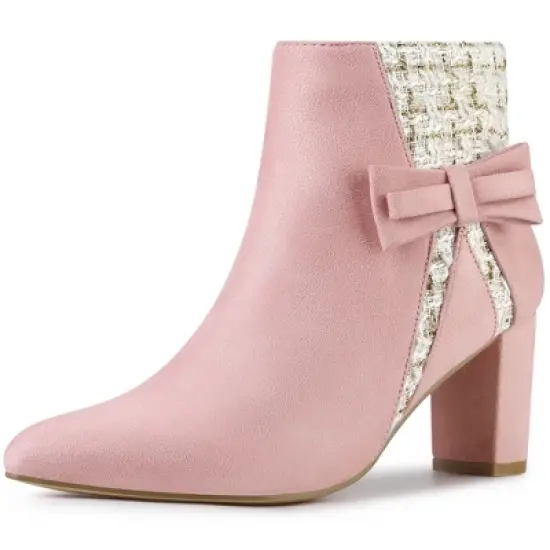 Allegra K Women's Plaid Pointed Toe Block Heels Ankle Boots image {9}