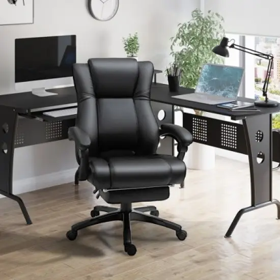 Vinsetto Executive High Back Office Chair Executive Computer Desk Chair with PU Leather, Adjustable Height and Retractable Footrest, Black image {1}