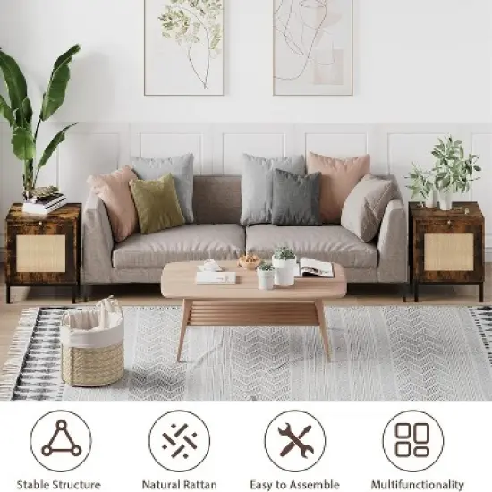 GustoWave Rattan Nightstand Set Of 2, Modern Farmhouse End Table With Storage Cabinet And 1 Door Or Living Room Bedroom, Brown+Black image {3}