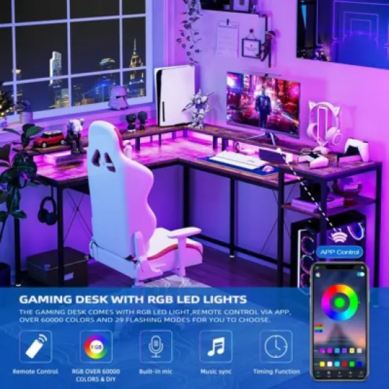 L Shaped Gaming Desk,68" Computer Desk with Power Outlets & LED Lights, Corner Desk with Monitor Shelf and Hook, Two Person Desk image {3}
