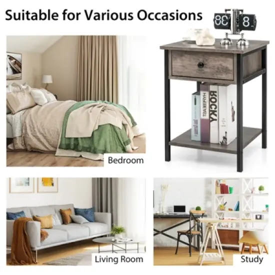 Tangkula Industrial End Side Table Nightstand with Drawer Shelf Rustic Grey Oak image {7}