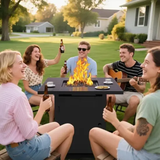 Heynemo Propane Fire Pit Table, 50000 BTU Gas Fire Pits Table with Removable Lid and Lava Rock, Rectangular Fire Table with Cover, Black image {2}