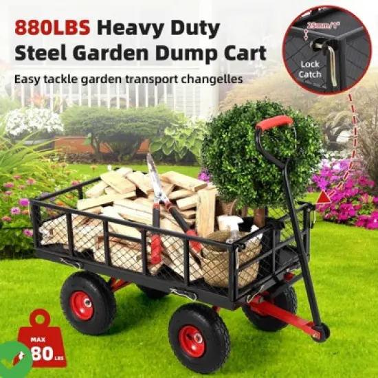 Steel Garden Cart, 880LBS/1400LBS Heavy Duty Garden Dump Cart, Meatl Utility Wagon with Removable Sides & 180&deg; Rotating Handle image {6}