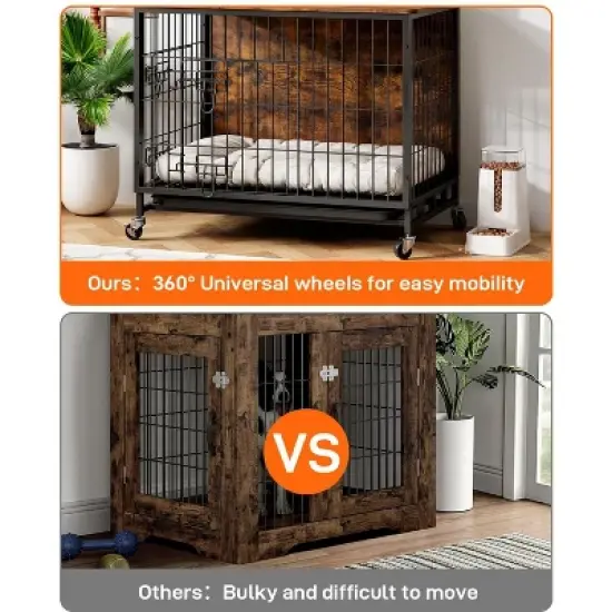 Dog Crate Furniture, 32.5 Inch Wooden Heavy-Duty Dog Kennel with Pull-Out Tray & Removable Wheels image {6}