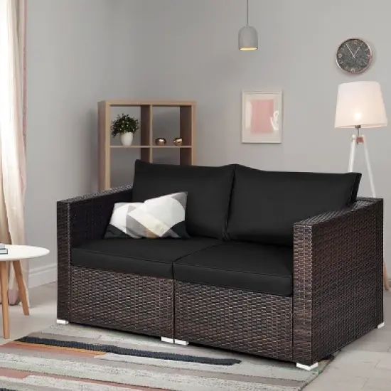 Tangkula 2-Piece Patio Wicker Corner Sofa Set Rattan Loveseat with Removable Cushions image {2}