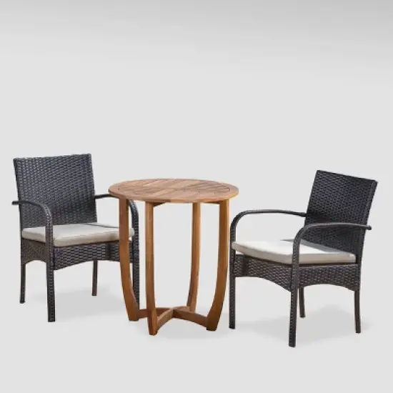 Lindy 3pc Acacia Wood and Wicker Bistro Set - Teak/Cream - Christopher Knight Home image {1}