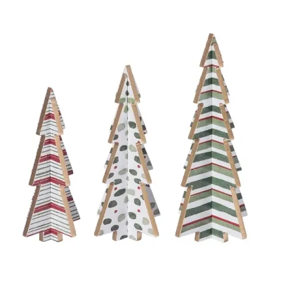 Transpac MDF Holiday Prints Triangle Trees Set of 3 Decorative Wood Christmas Sculptures Multicolor Tabletop Decor image {1}