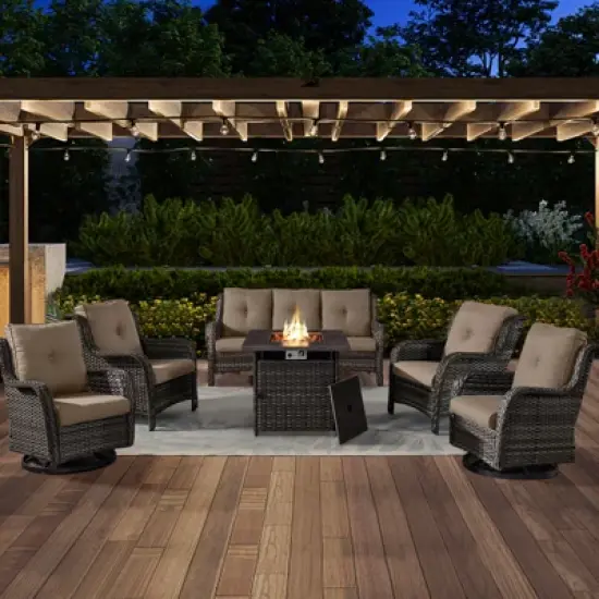 6 Pieces Wicker Patio Furniture Set with Propane Fire Pit Table, All Weather Wicker Patio Set with Square Fire Pit Table and Swivel Patio Chair image {19}