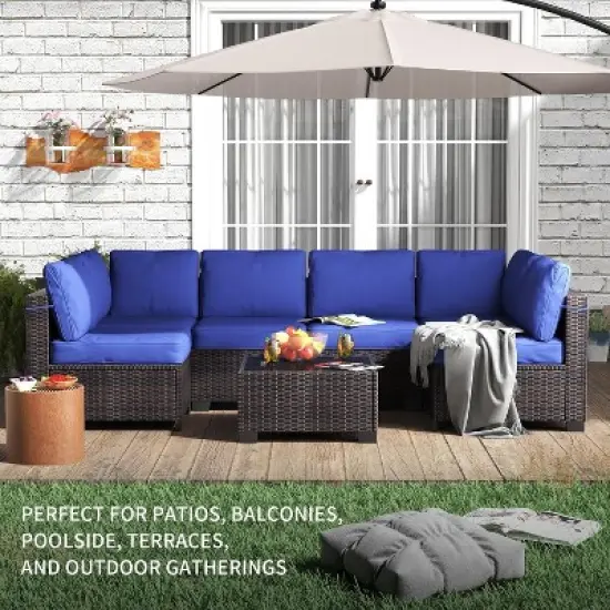 Patio Furniture Set 7 Pieces Outdoor Rattan with Detachable Soft Cushions Patio Conversation Sets Waterproof Patio Sectional Sofa with Glass Top Table image {8}