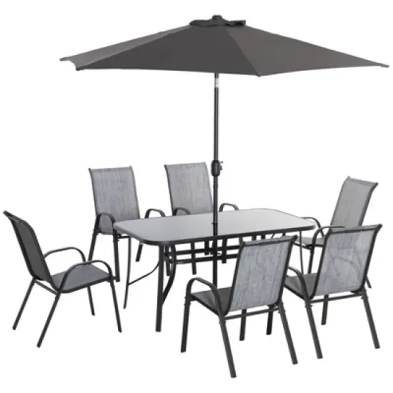 Outsunny 8 Piece Patio Furniture Set with Umbrella, Outdoor Dining Table and Chairs, 6 Chairs, Push Button Tilt and Crank Parasol, Glass Top image {7}