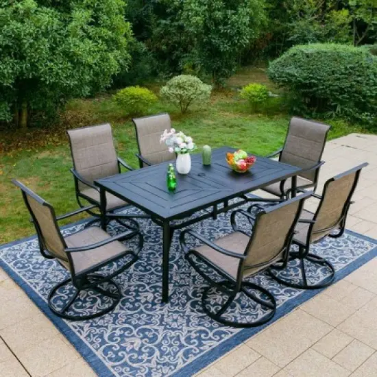 7pc Outdoor Dining Set with Padded Swivel Chairs & Metal Rectangle Table with Umbrella Hole - Gray - Captiva Hole image {10}