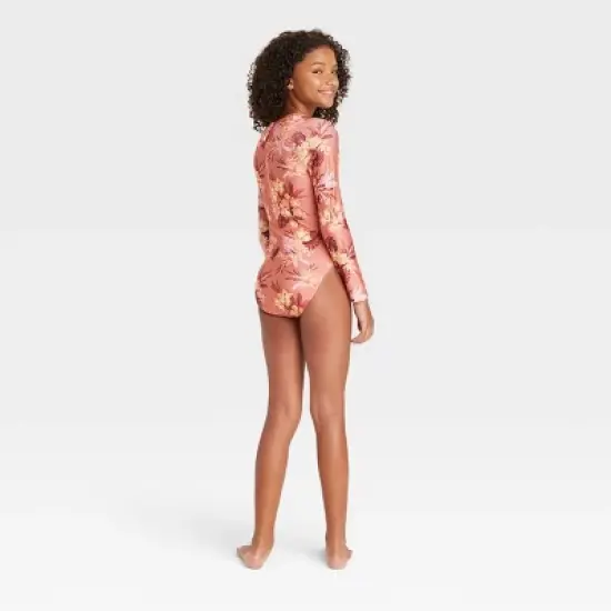 Girls' Island Floral One Piece Rash Guard - art class&trade; Brown image {1}