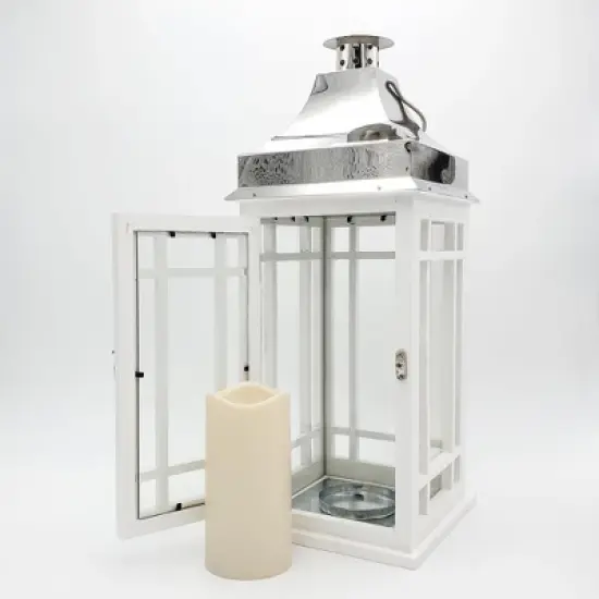 LumaBase Wooden Lantern with Battery-Operated Candle - White with Chrome Roof image {4}