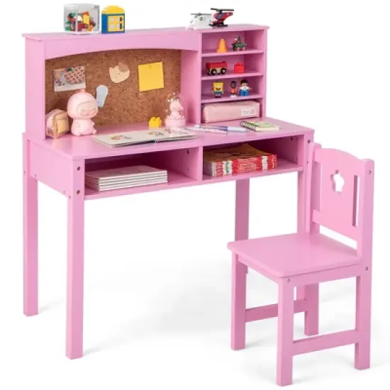 Costway Kids Desk and Chair Set Study Writing Workstation with Hutch & Bulletin Board image {10}