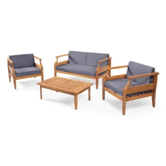 Christopher Knight Home Aston Outdoor Acacia Wood 4 Seater Chat Set with Cushions image {1}