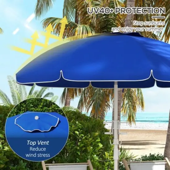 DOMETOUR Outsunny 5.7' Beach Umbrella, Tilt, Adjustable Height, Cup Holders, Hooks, UV 40+ Ruffled Canopy, Vented, Blue image {8}