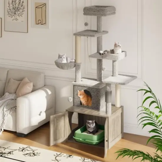 Cat Tree with Litter Box Enclosure, 2-in-1 Modern Cat Tower with Scratching Posts, Multiple Platform and Large Condo, Multilevel Indoor Kitten House image {7}