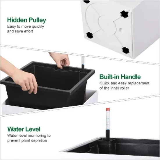 30" Tall Planters, Set of 2, Black Outdoor/Indoor Pots with Drainage Holes, Water Level Monitor, Inner Bucket & Auto Watering, White image {3}