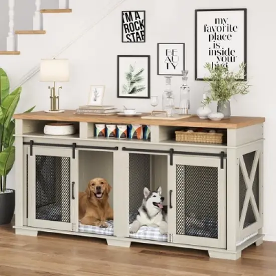 71" Dog Crate Furniture for 2 Dogs, Dog Kennel with 3 Storage Drawers & Removable Divider, Extra Large Double Dog Cage As image {10}
