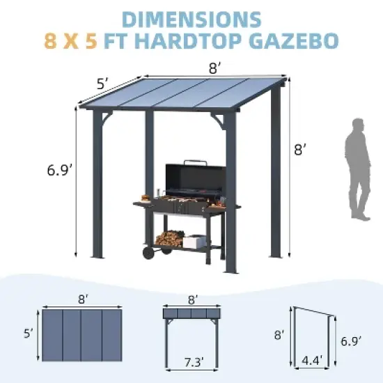 CLIHOME 8 ft. x 5 ft. Gazebo Outdoor Pergola for Patio, Lean to Hard Top Grill Gazebo Shelter with Roof, Small Wall-Mounted Heavy Duty Awnings image {7}