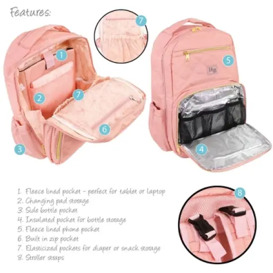Hudson Baby Premium Diaper Bag Backpack and Changing Pad, Blush, One Size image {3}