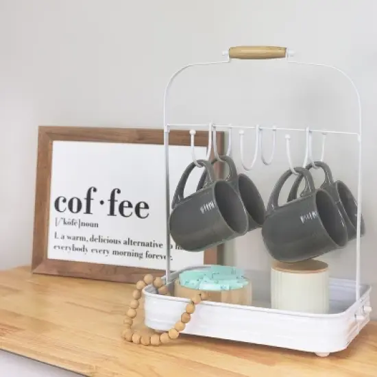 AuldHome Design White Enamelware Coffee Mug Rack; Countertop Style Rustic Distressed Cup Hanging Stand w/ Tray image {5}