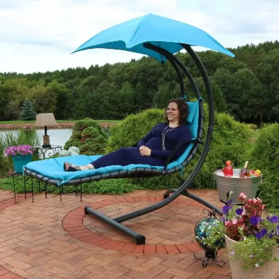 Sunnydaze Outdoor Hanging Chaise Floating Lounge Chair with Canopy Umbrella and Arc Stand image {6}