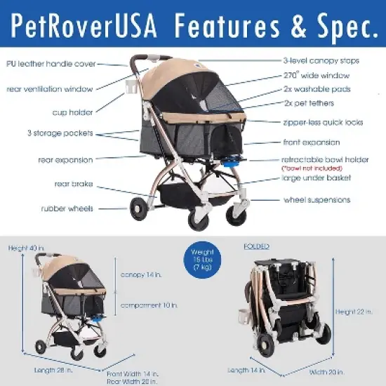 HPZ Pet Rover Lite Travel Stroller - Light-Weight Dog/Cat/Pet Stroller Travel Carriage with Convertible Compartment for Small & Medium Pets image {6}