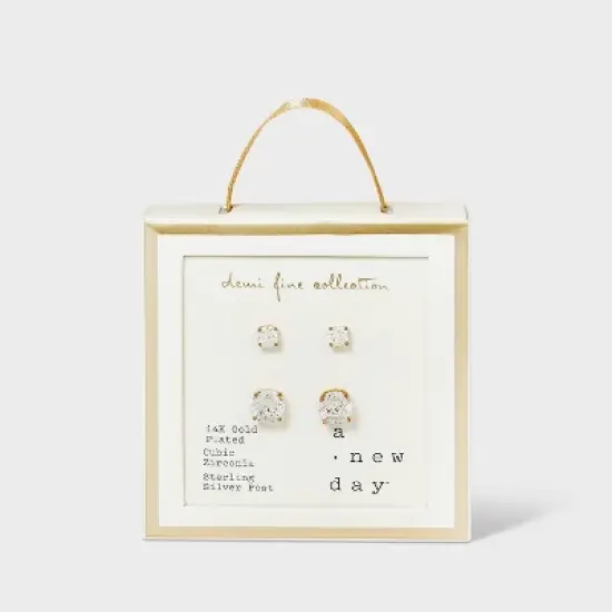 14K Gold Plated Cubic Zirconia Duo Stud Earring Set 2pc - A New Day&trade; Gold image {2}