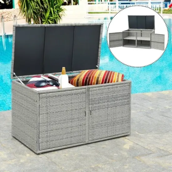 WELLFOR 88gal Outdoor Patio Garden Rattan Storage Box Gray image {8}