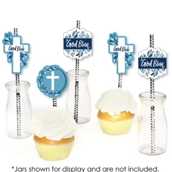 Big Dot of Happiness Blue Elegant Cross - Paper Straw Decor - Boy Religious Party Striped Decorative Straws - Set of 24 image {3}