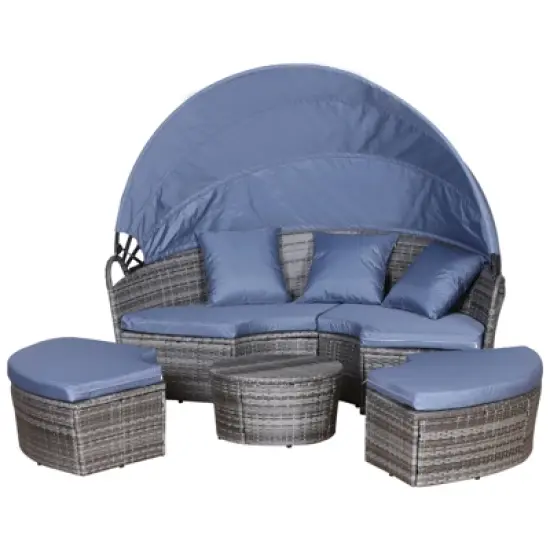 Outsunny 4-piece Cushioned Outdoor Rattan Wicker Round Sunbed or Conversational Sofa Set with Sun Canopy image {3}