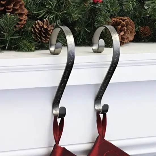 Haute Decor 2ct Pewter Stocking Scrolls Christmas Stocking Holder: Mantle Swivel Hanger, Protective Pad image {2}