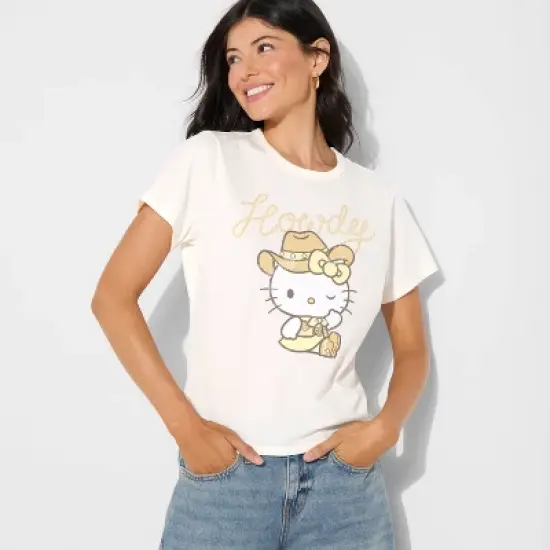 Women's Hello Kitty Howdy Short Sleeve Graphic Shrunken T-Shirt - White image {3}