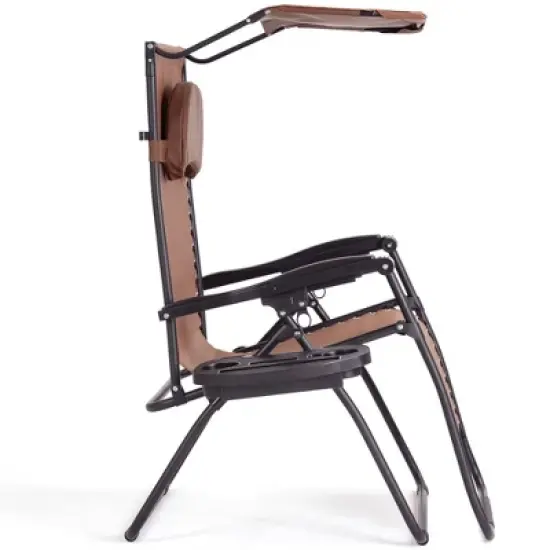 Tangkula Recling Zero Gravity Chair with Drink Tray & Sunshade, Brown image {4}