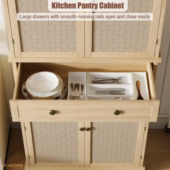 72" Farmhouse Kitchen Pantry Cabinet with 4 Doors, Adjustable Shelves & Drawer image {7}