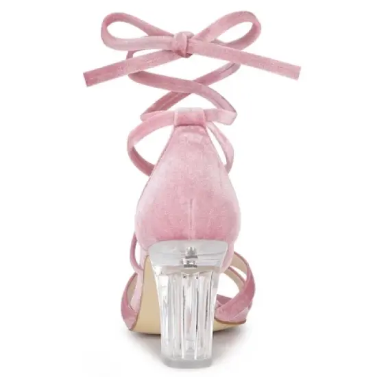 Allegra K Women's Velvet Lace Up Clear Heels Block Heel Sandals image {3}