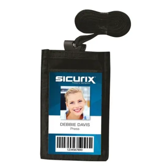 SICURIX ID Neck Pouch Badge Holder, Vertical, Adjustable Cord, 4" x 2-1/4" Insert, Black, Pack of 3 image {1}