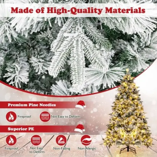 Costway 6/7 FT Pre-Lit Flocked Christmas Tree Hinged Xmas Decoration with 250/300 LED Lights image {5}